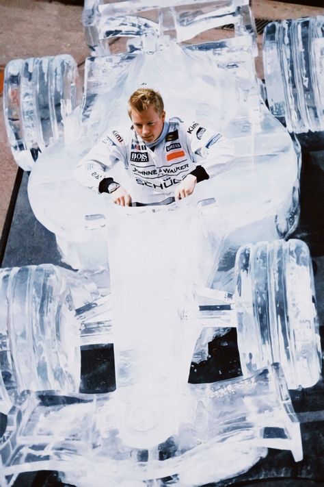 a young kimi raikkonen lowers himself into  a to-scale formula 1 car made completely of ice F1 Poster Design, Kimi Raikkönen, Ice Car, Ice Man, The Iceman, Kimi Raikkonen, F1 Car, Ice Sculpture, Formula 1 Car Racing