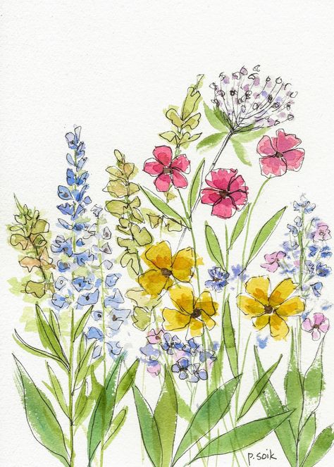 Wildflower Painting Simple, Wild Flower Painting Simple, Wild Flower Drawings, Wildflowers Watercolor, Simple Flower Painting Easy, Line And Wash Watercolor Flowers, Wildflowers Drawing, Line And Wash Flowers, Wildflower Painting Easy