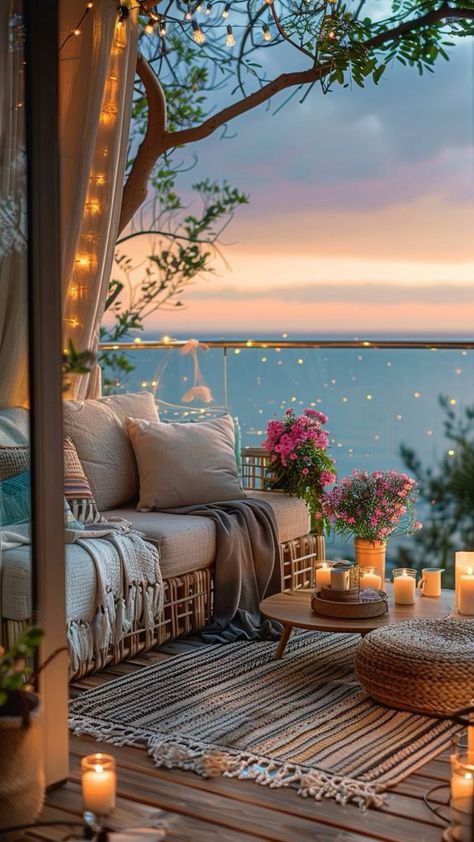 Balcony Candles, Relax Wallpaper, Beach Balcony, Beautiful Balcony, Casa Clean, Romantic Vibes, Cozy Patio, Comfy Seating, Romantic Candles