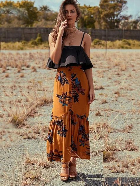 Bohemia Dress, Printed Long Skirt, Yellow Bridesmaid Dresses, Estilo Hippie, Maxi Skirt Boho, Skirts Women, Split Skirt, Skirt Maxi, Long Skirts For Women