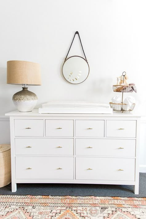 Chic Ways to Easily Update Drawer and Door Hardware in Your Home | Hunker White Changing Table Dresser, Nursery Nightstand, White Changing Table, Ikea Hemnes Dresser, Comfy Minimalist, Aesthetic Bright, Room Scandinavian, Dresser White, Nursery Dresser