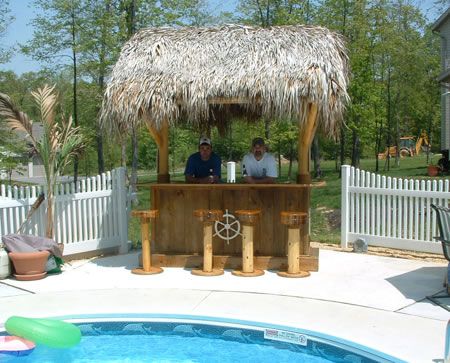 Generic Tiki Bar by Pool Pool Tiki Bar Ideas, Tiki Bar Ideas, Tiki Bars Backyard, Outdoor Tiki Bar, Wood Bar Top, Outdoor Bars, Outside Bars, Tiki Bars, Beach Bungalow