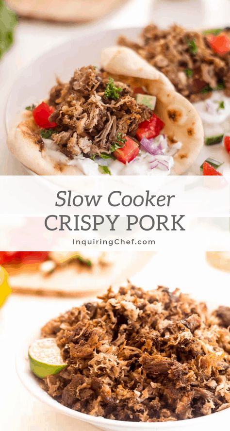 The BEST pork carnitas and also the easiest to make! Thanks to two easy steps, this slow cooked pork shoulder is tender on the inside and golden and crispy on the outside. Use it for carnitas (tacos, burritos, etc) or pulled pork. A guaranteed crowd pleaser that will have you going back for more. Slow Cooked Pork Shoulder, Pulled Pork Sauce, Pork Carnitas Recipe, Pork Carnitas Slow Cooker, Easy Taco Recipes, Pork Broth, Carnitas Tacos, Slow Cooked Pork, Carnitas Recipe