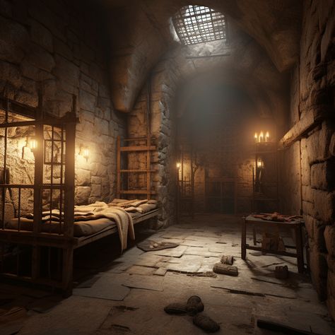 Secret Dungeon Room, Prison Cell Concept Art, Fantasy Dungeon Aesthetic, Fantasy Prison Cell, Castle Dungeon Aesthetic, Training Grounds Fantasy Art, Fantasy Training Grounds, Jail Cell Aesthetic, Decontamination Chamber