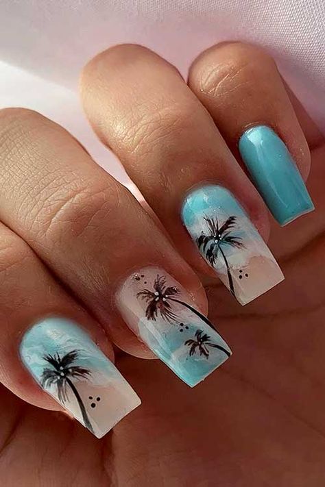 Long square shaped Ocean blue summer nails with sand and palm trees Simple Summer Nails Square, Beachy Nail Designs, Pink 2024, Island Nails, Nail Simple, Hawaii Nails, Palm Nails, Cruise Nails, Beach Nail Art