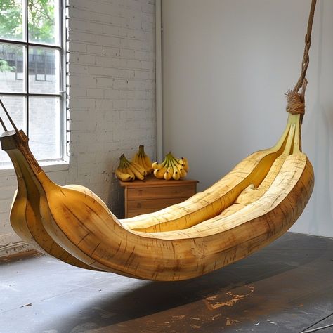 Introducing the “Banana Bliss Hammock” – a vibrant yellow haven for ultimate relaxation. Inspired by the curved shape of bananas, it cradles your body for unmatched comfort. Hang it up, and swing into tropical bliss! Conceptual AI Art Follow @ecosapiens for more! Bananas, Hammock, Food Art, Relaxation, Furniture Design, Yellow, Quick Saves, Design, Art