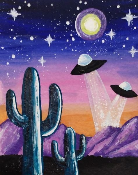 Spaceship Painting Canvas, Outspace Aesthetic, Funky Space Art, Trippy Sky Painting, Simple Painting Ideas For Beginners Acrylics, Trippy Space Painting, Cool Easy Paintings On Canvas Trippy, Space Painting Easy, Galaxy Painting Easy