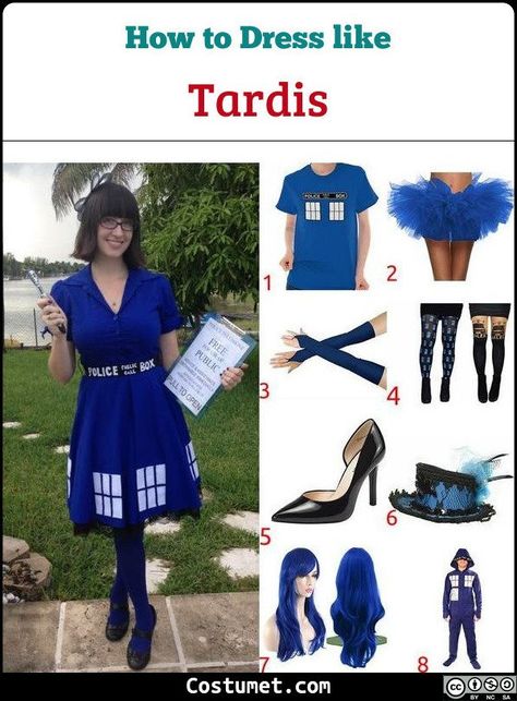 The TARDIS looks like a blue police box. It creates a whirring sound when it lands somewhere. Just wear TARDIS Blue and draw the details of a police box. You’re good to go!            #Robot #male #female #tv #robot #DoctorWho Tardis Makeup, Doctor Who Costume Female, Tardis Costume, Tardis Cosplay, Tardis Dress, Doctor Who Costumes, Tardis Blue, Blue Tutu, Blue Wig