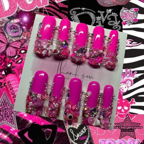 PINK PUNK JUNK - All items are handmade so it will not always be exact charms/details - Comes with press on prep kits - Two adhesive options! glue or adhesive nail stickers - Each nail is etched under for a better adhesive Pink Press On Nails, Press On Nail Art, Hot Pink Junk Nails, Hot Pink Bling Nails, Pink Punk Top With Graphic Print, Pink Punk Choker As A Gift, Punk Press On Nails, Pink Bling Nails, Ongles Bling Bling