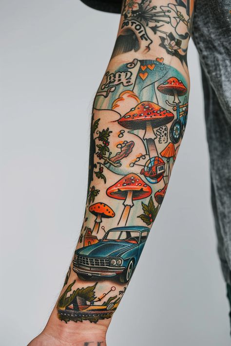 A fusion of vintage cars  psychedelic mushrooms  and sacred symbols creates a vibrant sleeve tattoo design symbolizing speed  spirituality  and natural evolution against a clean white canvas. Sacred Symbols, Tattoo Sleeve Designs, Sleeve Tattoo, Studio Art, White Canvas, Art Studios, Tattoo Design, I Tattoo, Sleeve Tattoos