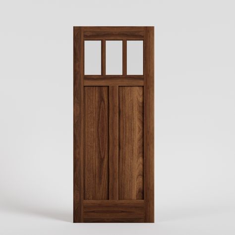 Walnut Wood Craftsman Triple Lite Barn Door With Glass Panels Mountain Home Front Door, Barn Door With Glass Panels, Barn Doors With Glass Panels, Front Door With Window, Barn Door With Glass, Door With Glass Panels, Craftsman Style Door, Porch Update, Craftsman Front Door