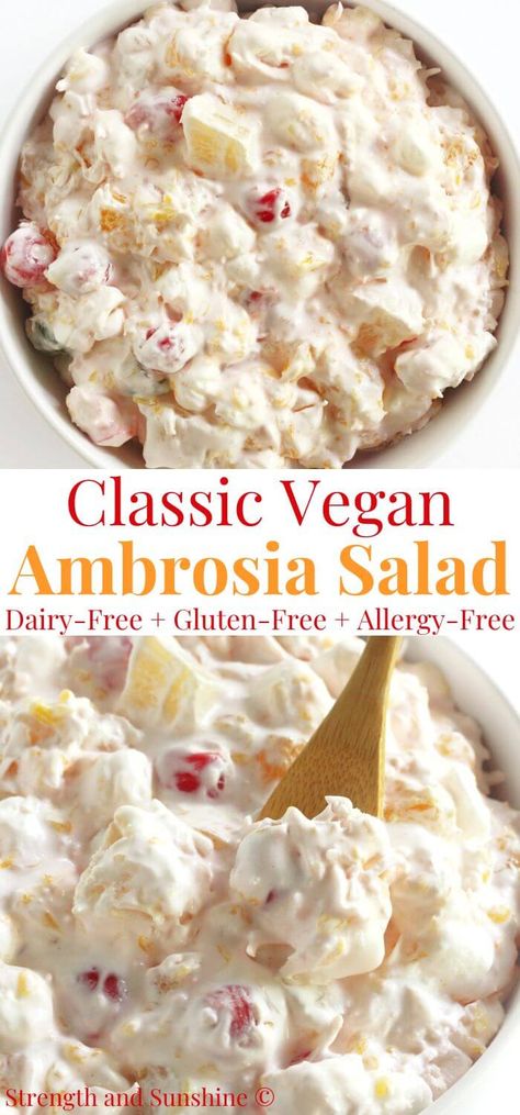 Vegan Ambrosia Salad (Gluten-Free, Dairy-Free) | Strength and Sunshine | This easy Vegan Ambrosia Salad recipe is a sweet and creamy Southern classic! This vintage fruit salad is a retro dessert that's made gluten-free and allergy-free using dairy-free coconut whipped cream, sour cream, canned pineapple, mandarins, cherries, coconut, and mini marshmallows! Quick and simple to customize or keep it like grandma's nostalgic 5 cup salad recipe! Vegan Ambrosia Fruit Salad, Potluck Dairy Free, Dairy Free Ambrosia Salad, Vegan Fruit Salad Recipes, Vegan Ambrosia Salad, Dairy Free Jello Salad, Dairy Free Fruit Salad, 5 Cup Salad Recipe, Keto Fruit Salad