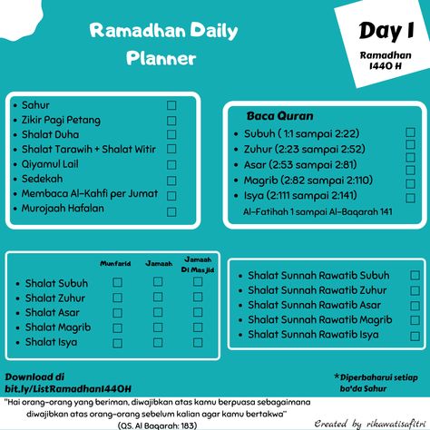 Ramadhan Daily Planner Day 1 Ramadhan Planner, Ramadan Printables, Ramadhan Kareem, Bulan Puasa, Daily Day, Ramadan Activities, Planner Tracker, Islamic Messages, Planner Ideas