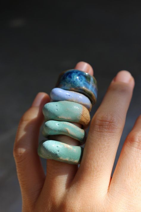 Painted Jewellery, Clay Idea, Handmade Ceramic Jewelry, Handmade Ceramic Planters, Ceramic Accessory, Light Sky Blue, Ceramic Ring, West Covina, Painted Jewelry