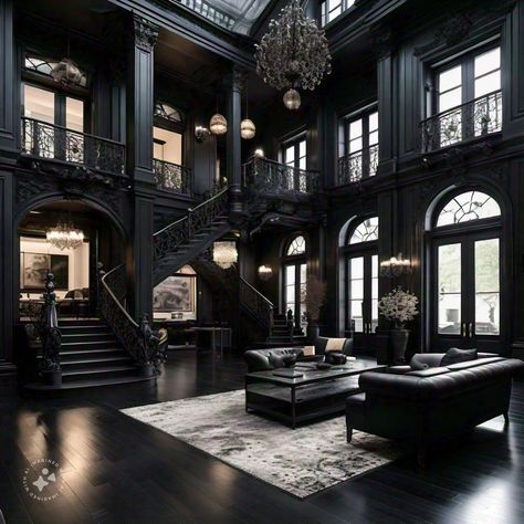 Modern Vampire House, Gothic Chateau, Gothic Penthouse, Home Aesthetic Dark, Dark Mansion Aesthetic, Gothic Mansion Interior, Mansion Dark Aesthetic, Black Victorian Mansion, Dark Castle Aesthetic Interior Bedroom