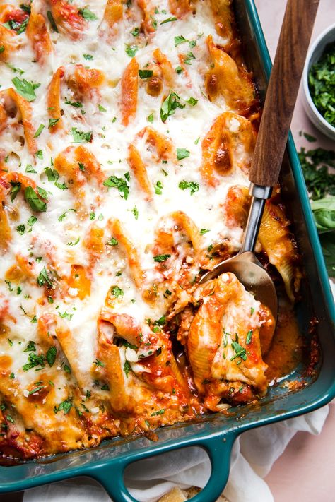 Easy Stuffed Pasta Shells || A true crowd pleaser, our easy stuffed pasta shells are filled with ground chicken, creamy ricotta cheese, Italian spices and vibrant fresh basil. Chicken Stuffed Shells, Shell Pasta Recipes, Stuffed Pasta, The Modern Proper, Modern Proper, Chicken With Italian Seasoning, Ground Chicken Recipes, Pasta Shells, Italian Spices