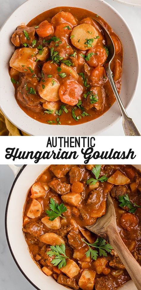 This Authentic Hungarian Goulash is my Hungarian mom's real deal recipe! It's comforting, hearty, and delicious. Hungarian Goulash, Hungarian Cuisine, Goulash Recipes, Cooking Easy, European Cuisine, Hungarian Recipes, Goulash, Gazpacho, Authentic Recipes