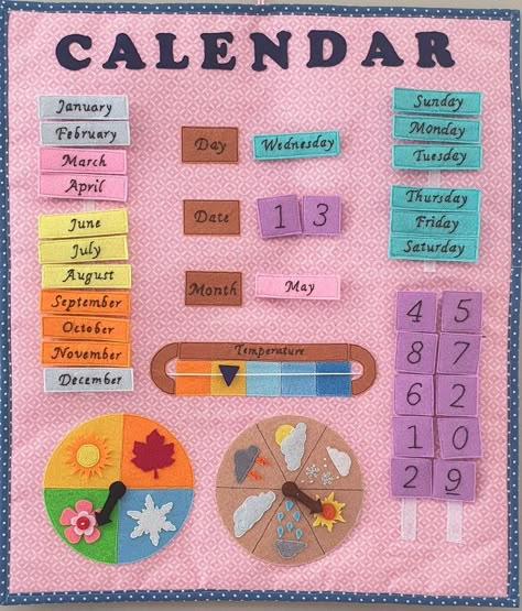 Felt Calendar Preschool, Weather Calendar Preschool, Diy Calendar For Kids, Felt Calendar, Toddler Calendar, Fabric Calendar, Weather For Kids, Montessori Calendar, Weather Temperature