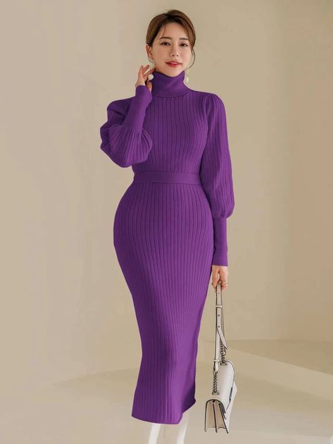 Turtle Neck Gigot Sleeve Belted Sweater Dress | SHEIN USA Modest Midi Dress, Gigot Sleeve, Knit Dress Pattern, Leg Of Mutton Sleeve, Belted Sweater, Cute Maternity Outfits, Sweater Dresses, Medium Dress, Sweater Dress Women