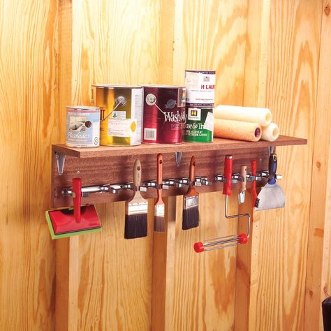 29 Painting Tool Hacks That'll Get Your Projects Rolling | The Family Handyman Paint Roller Storage, Library Colors, Organizing A Garage, Tools Storage Ideas, Paint Station, Garage Workshop Ideas, Garage Organization Tips, Garage Organisation, Push Broom