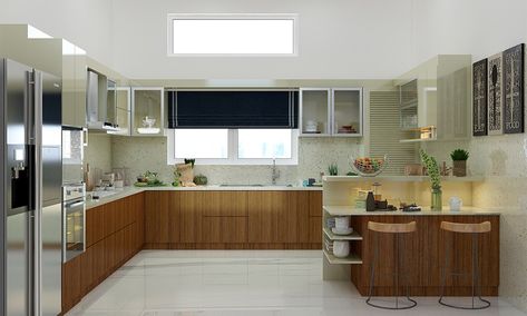 U-shaped kitchen window above the sink decorated with fabric window shades lends vibrant is how to decorate kitchen window. Modular Kitchen Design With Window, Plywood Cabinets Kitchen, Modern Kitchen Colors, Modern Kitchen Window, Modern Kitchen Colours, Decorate Kitchen, Kitchen Color Trends, Modular Kitchen Interior, Kitchen Window Design