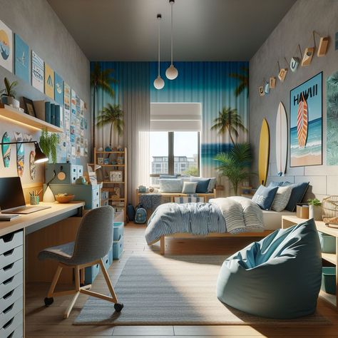 hawaii theme/surf theme bedroom for teenagers Surfer Room, Hawaii Theme, Surf Aesthetic, Theme Bedroom, Teenage Bedroom, Bedroom Themes, Surfing, Hawaii, Bedroom