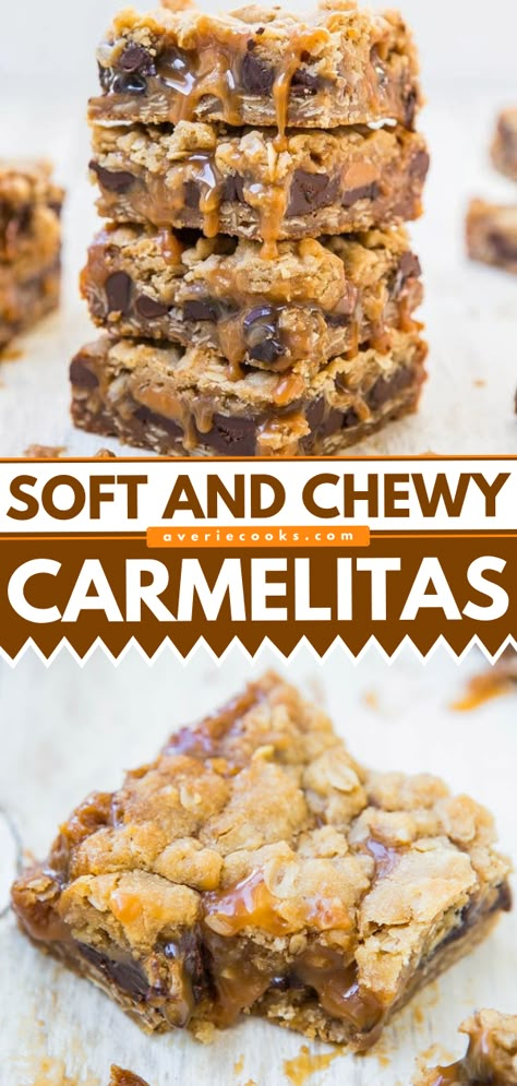 Carmelitas Recipe, Chocolate Caramel Bars, Layered Bars, Chewy Oatmeal Cookie, Easy Bars, Caramel Desserts, Gooey Caramel, Caramel Bars, Oatmeal Cookies Chewy