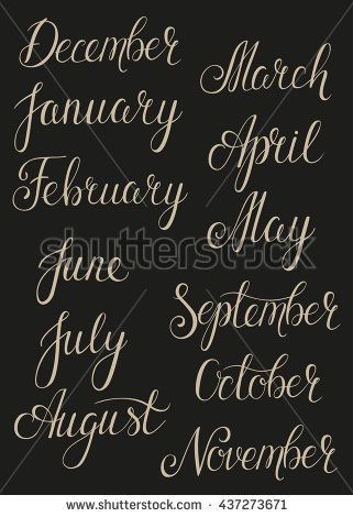 Handwritten months of the year set: December, January, February, March, April, May, June, July, August, September, October, November.  Hand Lettering words can use for calendar or organizer. January Lettering Fonts, June Calligraphy Hand Lettering, November In Cursive, Months In Cursive, January Lettering, Lettering Words, Chalkboard Calendar, Fancy Writing, Bullet Journal Key