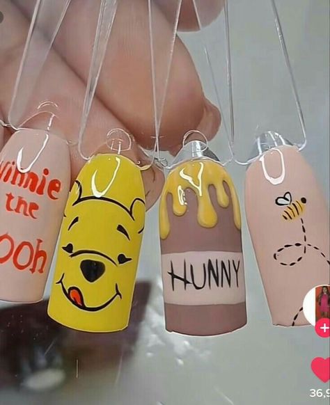 Cartoon Nails Disney, Nail Art Cartoon Characters, Pooh Bear Nails, Winnie The Pooh Nails, Pooh Nails, Panda Nail Art, Cartoon Nail Designs, Character Nails, Indian Nails