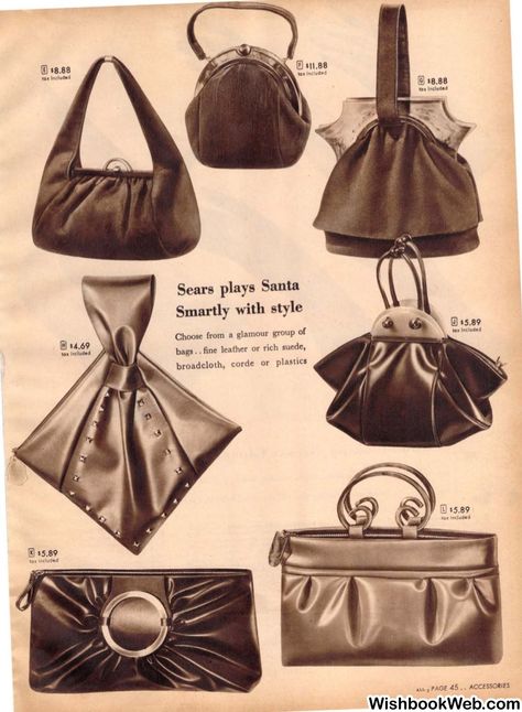 1940s Fashion-Women's 1940s Purses from the 1946 Sears Christmas Wish Book. Vintage Catalog/ Vintage Purse #1940s #1940sfashion #purse #vintagecatalog #vintagepurse #1940spurse 40s Mode, 1940s Fashion Women, Pola Topi, Vintage Catalog, Patron Vintage, Book Purse, Fashion 1940s, Lv Bags, Book Vintage