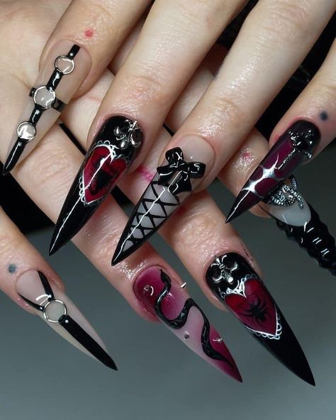 Ongles Goth, Black Prom Nails, Gothic Nail Art, Punk Nails, Gothic Nails, Goth Nails, Nail Swag, Prom Nails, Nail Accessories