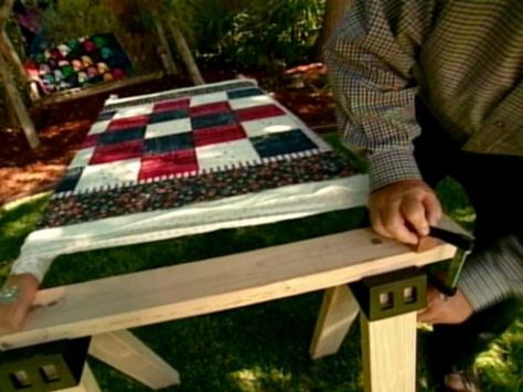 Make your own quilt frame for hand quilting with this easy how-to. From the experts at HGTV.com. How To Build A Quilting Frame, Diy Quilt Frames For Hand Quilting, Diy Hand Quilting Frame, Quilt Frames For Hand Quilting, Quilt Frame Plans, How To Make A Sleeve To Hang A Quilt, Grace Quilting Frame, Hand Quilting Frames, Quilting Organization