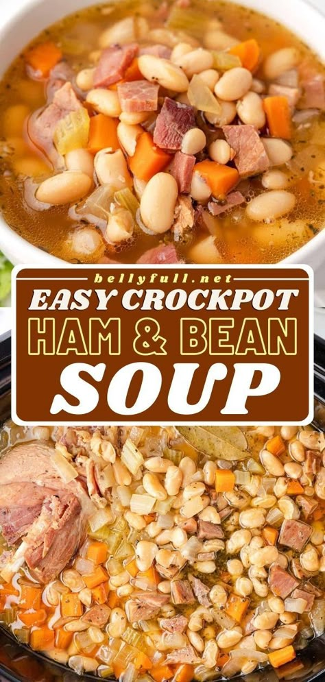 This slow cooker recipe is as easy as dump and go! There's nothing like coming home to this crockpot meal. Full of veggies and a rich broth, this ham and bean soup is satisfying and full of incredible flavor! Crockpot Ham And Bean Soup, Bean Soup Crockpot, Crockpot Ham And Beans, Leftover Ham Bone, Crock Pot Ham, Comfort Soups, Soup Night, Vegetable Ideas, Ham And Bean