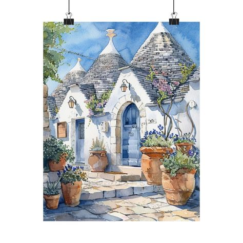 Alberobello Painting, Puglia Italy Art Print, Trulli House Italian Watercolor Artwork, European Art, Europe Travel Poster, Travel Gift Italian Watercolor, Italy Art Print, Poster Travel, Puglia Italy, Italy Art, Voyage Europe, European Art, Watercolor Artwork, Puglia