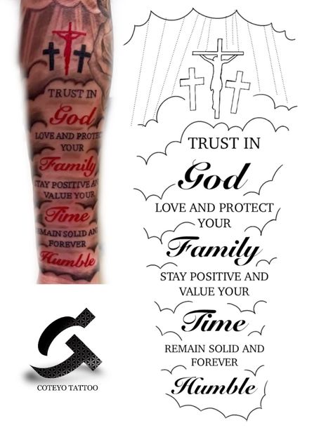 Hand Tattoo Quotes Men, Stencil Forearm Tattoo, Tattoo Stencils Quotes, God And Family Tattoo, Sleeve Tattoos God, Men Half Sleeve Tattoo Forearm, Tattoo Ideas For Men Family, Forearm Tattoos Stencil, Family Over Everything Tattoo Men