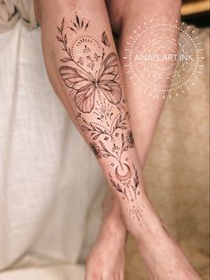 Butterfly On Shin Tattoo, Nature Shin Tattoo, Women’s Shin Tattoo Ideas, Witchy Shin Tattoo, Ladies Shin Tattoo, Shin Tattoo Color, Calf Shin Tattoo, Shin Bone Tattoo, Dainty Shin Tattoo