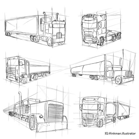 Truck Perspective Drawing, Truck Drawing Reference, Cars In Perspective Drawing, Truck Drawing Sketches, Truck Reference, Car Perspective, Truck Sketch, Art Workout, Truck Drawing