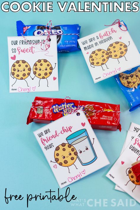 Pair a punny cookie Valentine Card with your favorite cookie for fun class Valentines to pass out to friends! #cookies #printablevalentine #freeprintable Oreo Valentine Ideas Printables, Kit Kat Valentine Printable, Valentine Cookie Card Free Printables, Milk And Cookies Valentine, Smartie Valentine Printable Kids, Free Printable Cookie Templates, Oreo Valentines Printable, Cookie Valentines Sayings, Chips Valentines Free Printable