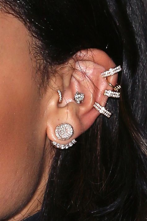 Ear Piercing Map, Piercing Map, Dainty Piercings, Rihanna Earrings, Rihanna Jewelry, Kylie Jenner Ear Piercings, Power Wheel Cars, Club Bathroom, Louis Vuitton Duffle