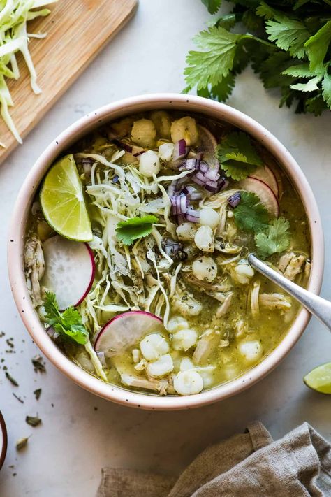 Chicken Pozole Verde - Isabel Eats Chicken Pozole Verde Recipe, How To Make Pozole, Pozole Verde Recipe, Green Pozole, Chicken Pozole, Pozole Verde, Pozole Recipe, Isabel Eats, Mexican Stew