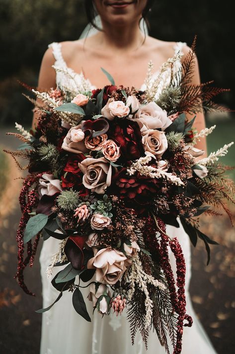 Moody Wedding Flowers, Taupe Wedding, Dark Wedding Theme, Fall Elopement, Silk Wedding Flowers, Alaska Wedding, Cascading Wedding Bouquets, Hot Colors, Online Love