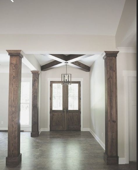 Wood Beam Columns Interior, Room Columns Ideas, Interior Column Wraps, Update Columns Interior, Post In Living Room, Brick Columns Interior, Living Room With Columns, Columns In Living Room, Modern Columns