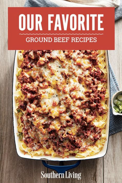 Whether you call it hamburger meat or ground chuck, the Southern Living Test Kitchen has you covered with our best ground beef dinner recipes. You’ll find surprising ways to use ground beef in stir frys, soups, calzones, kabobs, and more for every weeknight dinner and nicer meals with company. Ground beef freezes well, too, so stock up at the supermarket and bookmark this gallery as your go-to source for easy ground beef recipes. #groundbeef #dinner #easyquick #supper #groundbeefrecipes Ground Beef Dinners, Ground Beef Casserole Recipes, Beef Dinners, Meat Recipes For Dinner, Ground Beef Dishes, Ground Meat Recipes, Beef Casserole Recipes, Ground Beef Casserole, Dinner With Ground Beef