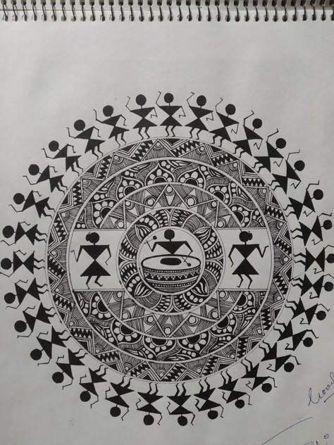 Mandala Art For Borders, Madhubani Art Black And White, Adiwasi Art, Warli Painting Ideas On Paper, Warli Mandala Art, Warli Art Designs, Warli Embroidery, Saura Art, Warli Painting