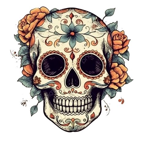 Skull Silhouette, Sugar Skull Artwork, Skull Flowers, Human Skeleton, Flowers Png, Skull Illustration, Skull Artwork, Skull Mask, Transparent Image