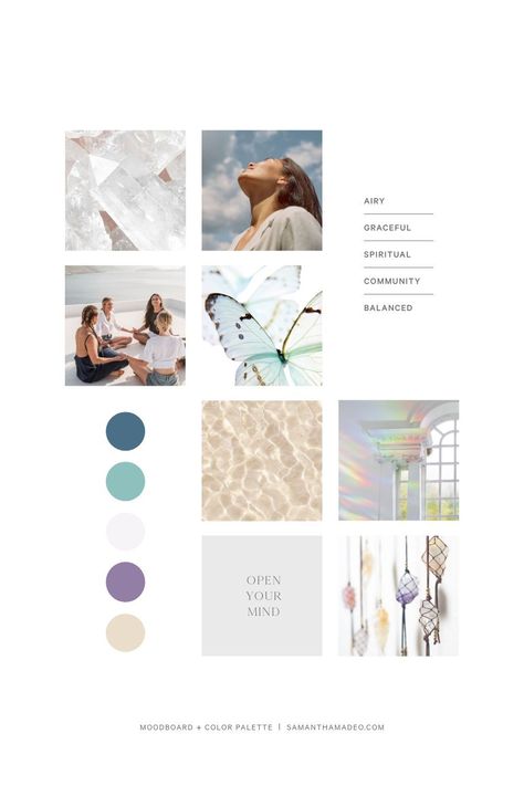 This board is light, airy, and has a little bit of a mystical feel to it. The colors are more muted which creates a graceful and laidback mood | Who this moodboard is perfect for: A wellness business that leans a bit to the spiritual side. There is some fun color, but overall the mood of this brand is very light and bright. The sand texture and darker colors ground the palette and create balance. | Brand Traits: Airy, light, graceful, spiritual, community, and balanced. Moodboard Ideas Layout, Mystical Branding, Mood Board Design Layout, Moodboard Layout, Spiritual Branding, Create A Color Palette, Spiritual Website, Brand Colors Inspiration, Coaching Logo