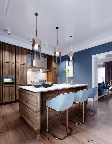 Brown Kitchen Ideas, Island Marble, Blue Kitchen Walls, Blue Kitchen Designs, Light Blue Kitchens, Brown Kitchen Cabinets, Blue Kitchen Decor, Blue Kitchen Cabinets, Brown Cabinets