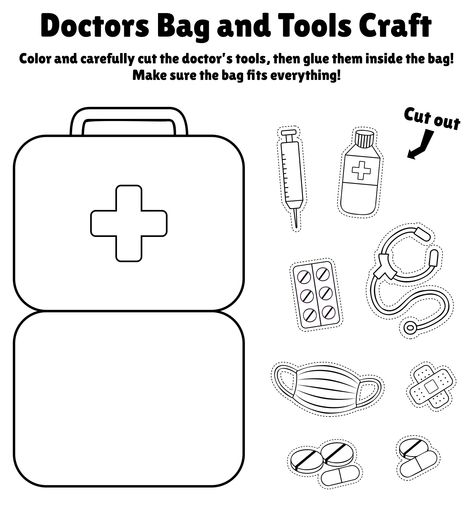 Doctors Bag And Tools Craft Printable Activity First Aid Kit Craft For Preschool, Dr Bag Craft Preschool, Doctors Bag Craft Preschool, Doctor Art And Craft Preschool, Doctors Kit Preschool Craft, Occupation Theme Preschool Art Projects, Hospital Theme Preschool Activities, Doctor Play Printables, Tools Coloring Pages Free Printable