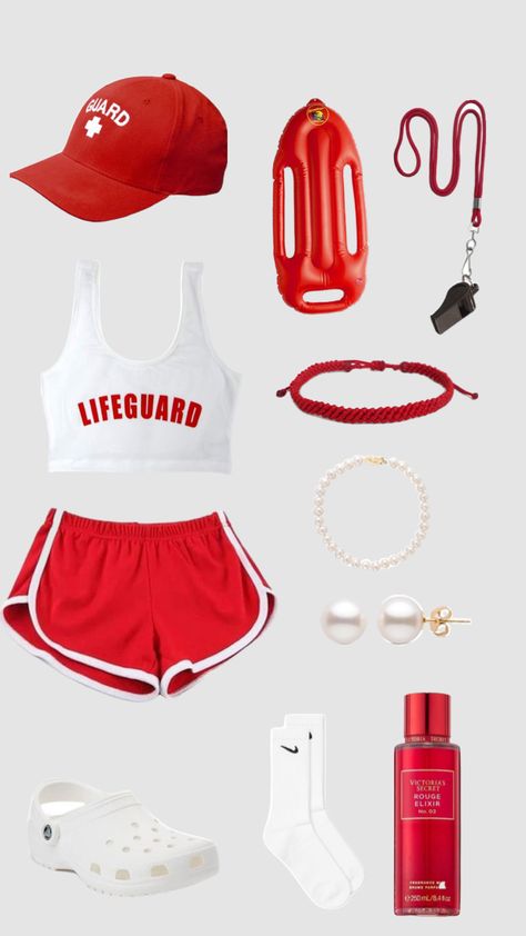 Preppy Lifeguard Costume, Preppy Lifeguard Halloween Costume, Baywatch Party Outfit, Life Guards Halloween Costumes, Lifeguard Barbie Costume, Lifeguards Group Costume, Lifeguard And Shark Costume, Life Guard Costume Girl, Life Guard And Shark Halloween Costume