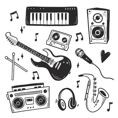 Premium Vector | Rock n roll punk music doodle set Music Doodles Simple, Rock N Roll Drawings, Music Doodles Aesthetic, Music Drawings Doodles, Doodles Music, Rock Doodles, Guitar Doodle, Music Doodles, Doodles Hand